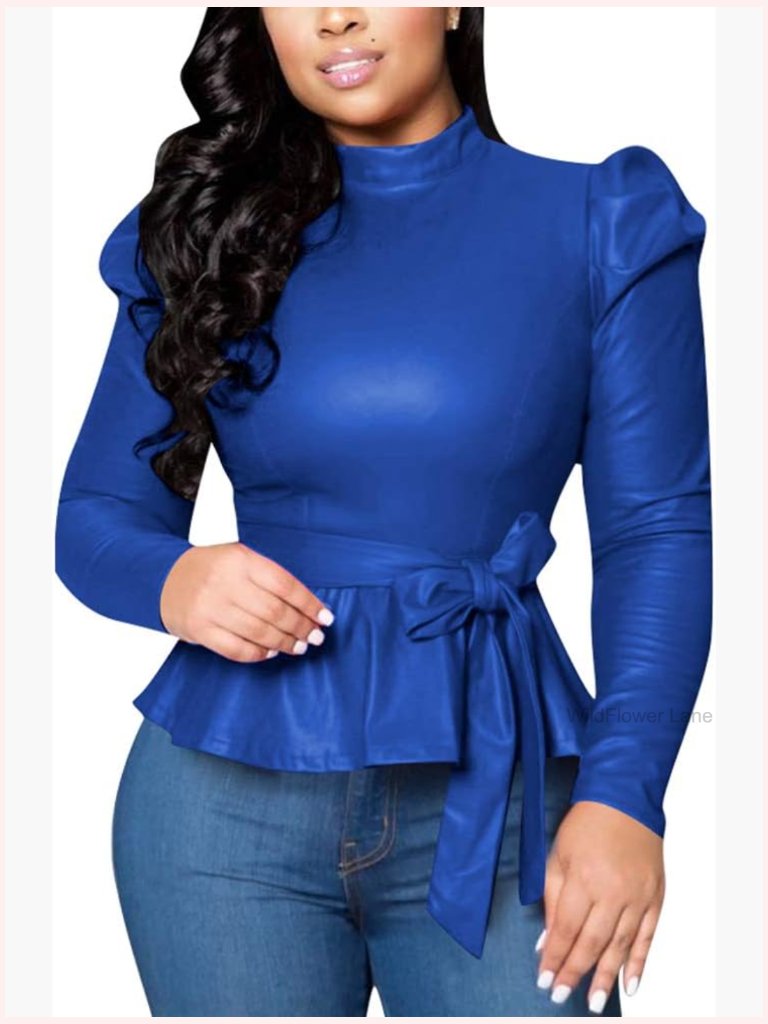 Faux Leather Mock Neck Turtleneck Blouse With Belt